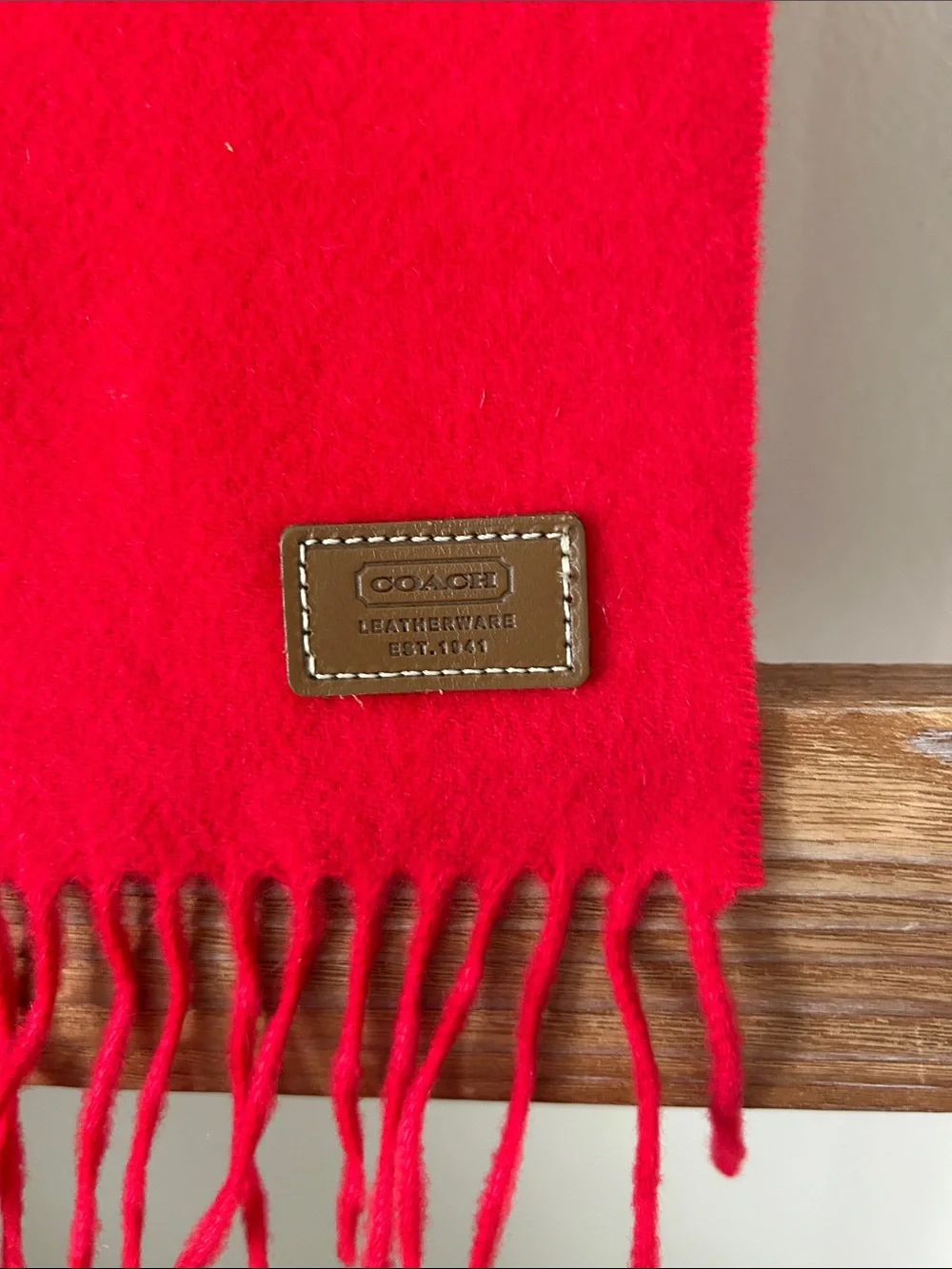Coach Cashmere Fringe Scarf with Leather Logo Patch
